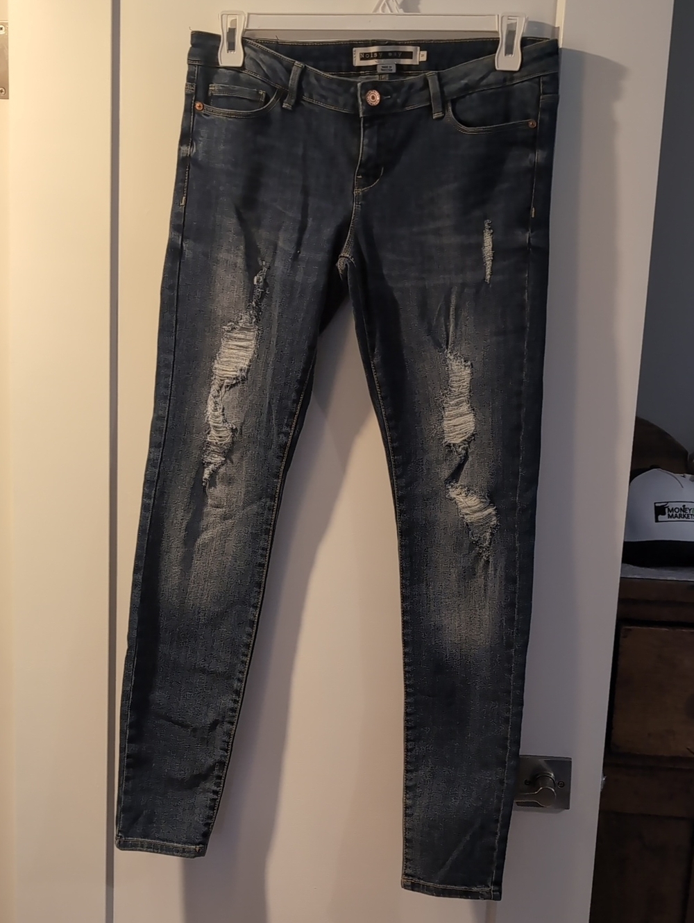 Noisy May Distressed Skinny Jeans - Dark Blue